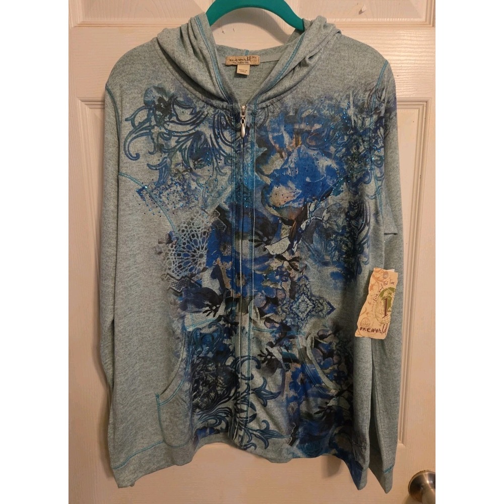 One World Full Zip Hoodie Light Blue With Floral Design Size XL